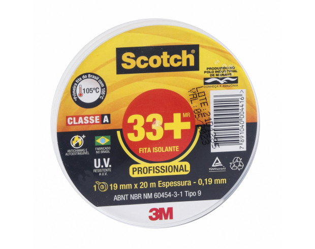 Fita Isolante 3M Scotch 33+ Uso Profissional Classe A Preta 19mm x 20m x 0,19mm 